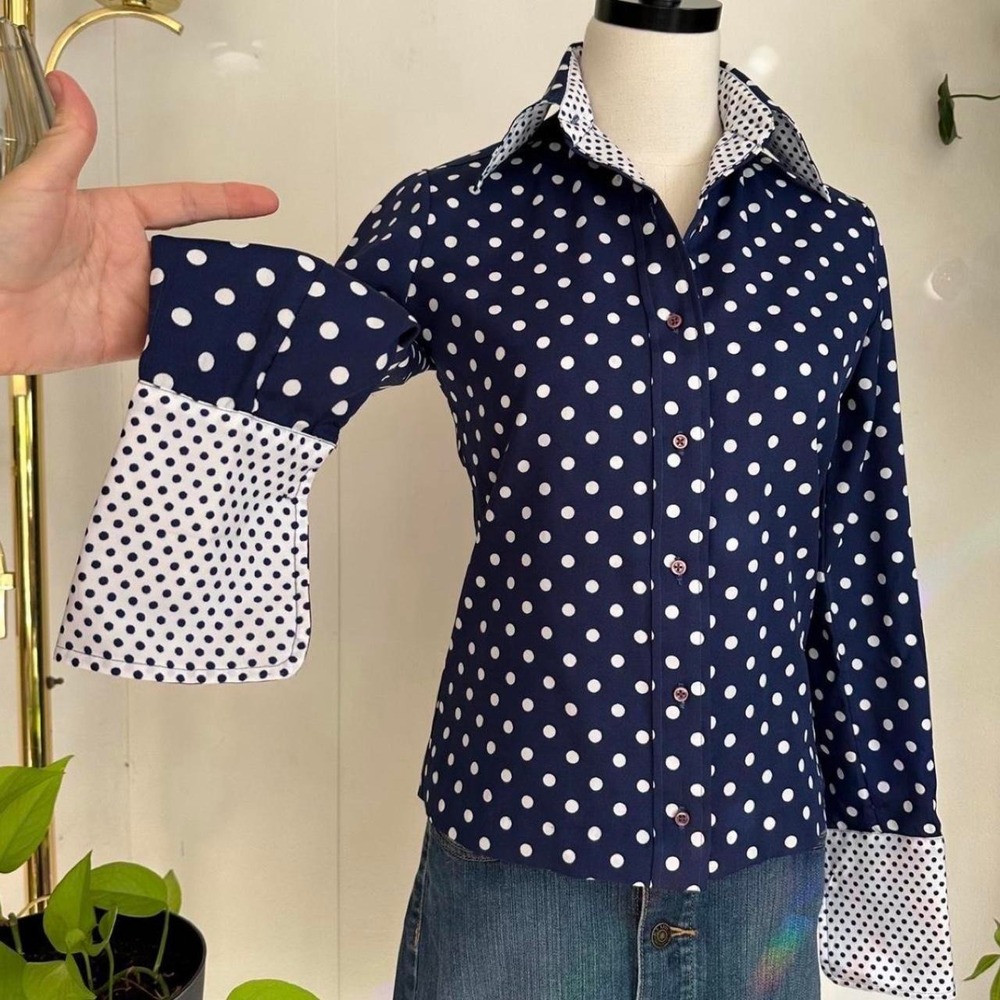 Adelaar Vintage 70s Polka Dot Shirt Navy White Butterfly Collar Blouse Size 8 S
